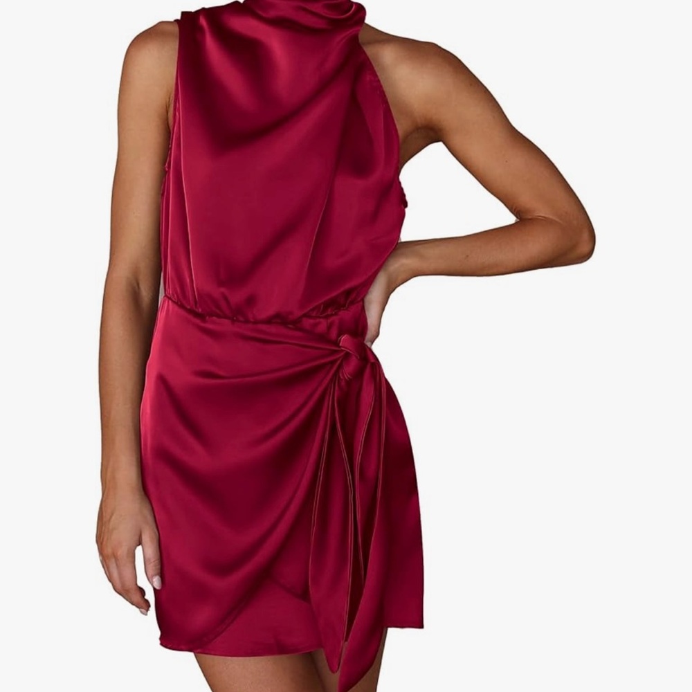 PrettyGarden Satin Mock Neck Deep Red Dress